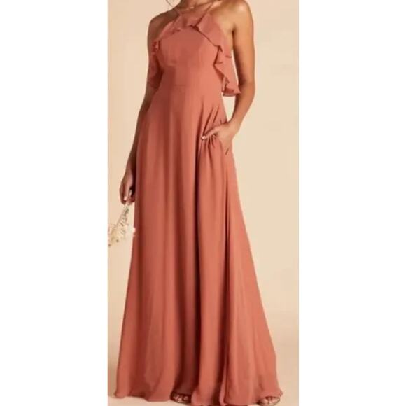 Birdy Grey Jules Bridesmaid Chiffon Halter Ruffle Maxi Dress Terracota Orange - Picture 1 of 9
